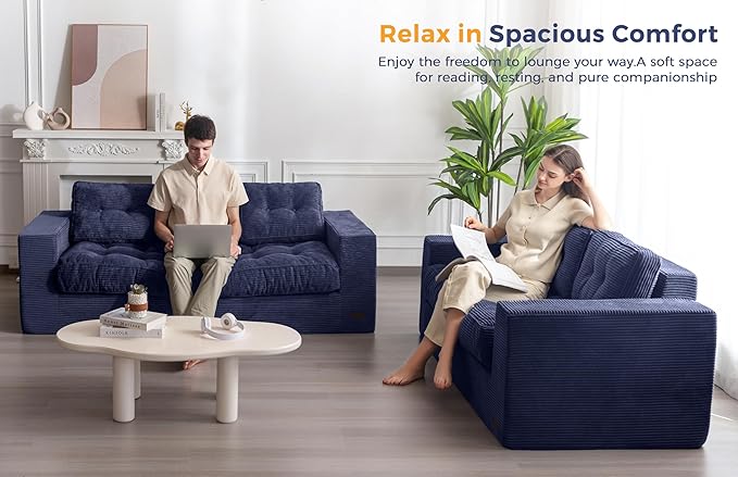 MAXYOYO 3 Seater Couch for Living Room, Boneless Couch with Tufted Cushion & Backrest, Upholstered Floor Sofa with Armrests, Sofa in A Box, No Assembly Required, Navy