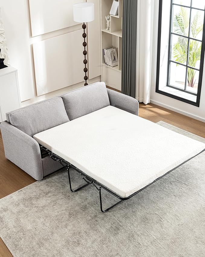 Queen Size Pull Out Sofa Bed, 2 in 1 Convertible Sleeper Sofa Couch with Pullout Bed, Memory Foam Mattress for Living Room Office, Space-Saving, Light Grey