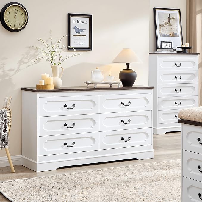 LIDYUK 6 Drawer Dresser for Bedroom Farmhouse WhiteTall Wood Chest of Drawers for Bedroom Dresser, Modern Rustic 55" Wide Drawers Dressers Wooden Closet and Storage Cabinet, Hallway, Living Room