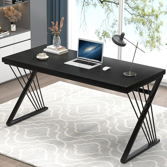 FOLUBAN Black Desk, Modern Wood and Metal Computer Desks for Home Office, Simple Writing Work PC Desk for Bedroom, Industrial Study Gaming Table for Living Room, 60 Inch