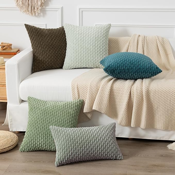 Kevin Textile Throw Pillow Covers Soft Corduroy Decorative Set of 2 Boho Striped Pillow Covers Pillowcases Farmhouse Home Decor for Couch Bed Sofa Living Room 16x16 Inch Teal Blue