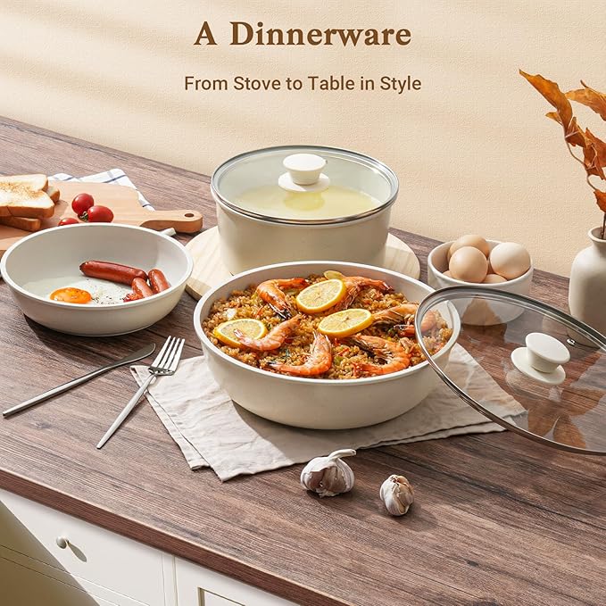 15Pcs Pots and Pans Set Non Stick, Cookware Sets with Detachable Handle, Nonstick RV Kitchen Cooking Tools Removable Handles, Oven Safe, Induction Fast, Stackable Induction Cookware, White