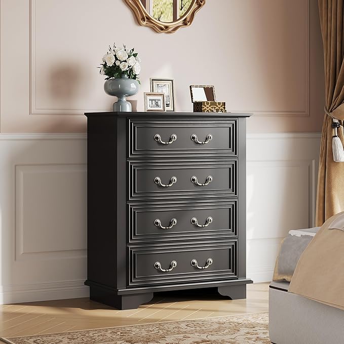 WLIVE Farmhouse Dresser for Bedroom, Tall Wood Dresser with 4 Drawers, Chest of Drawers with Roman Metal Handle for Living Room, Hallway, Closet, Black