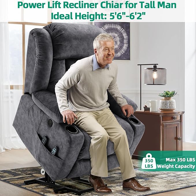 VIVIJASON Tall Man Large Dual Motor Power Lift Recliner Chair with Extended Footrest, Oversized Lay Flat Sleeper Electric Recliner W/Heat & Massage, Lumbar Pillow, USB & Type-C Ports, Plush Gray