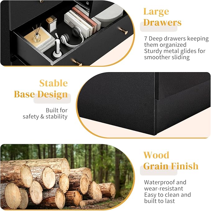 Karl home Black 7 Drawer Dresser for Bedroom, Tall Dresser Chest of Drawers, Rustic Wood Bedroom Dressers Clothes Organizer, Anti-Tipping Device, Rose Gold Metal Handle, Living Room, Entryway, Office
