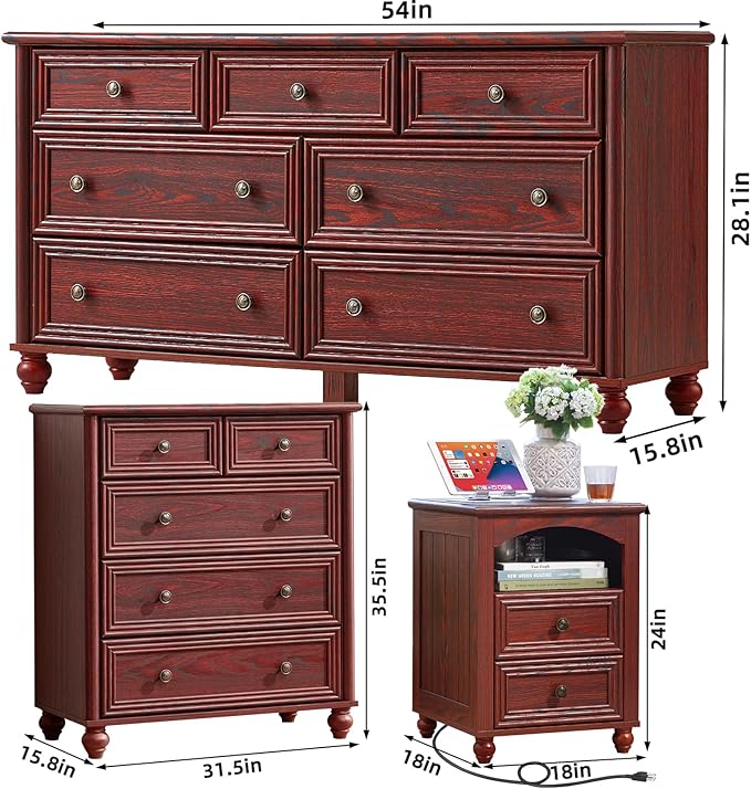 Farmhouse Dressers & Night Stand Set of 3, Wood 54" Wide 7 Drawer Dresser & 35.5"Tall Chest of Drawers, 18" with Charging Station Nightstand, Bedroom Furniture Dresser Set for Home Living Room Hallway