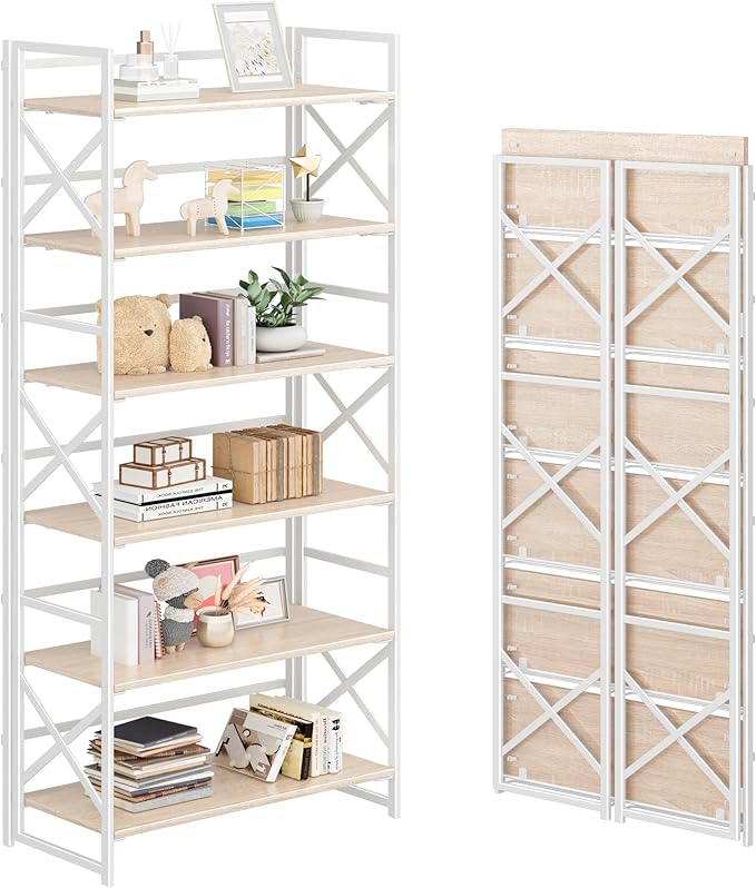 4NM 6 Tiers No Assembly Book Shelves, 61.8" H Folding Bookshelf Bookcase Open Industrial Foldable Shelves for Bedroom, Living Room, Home Office - Natural White