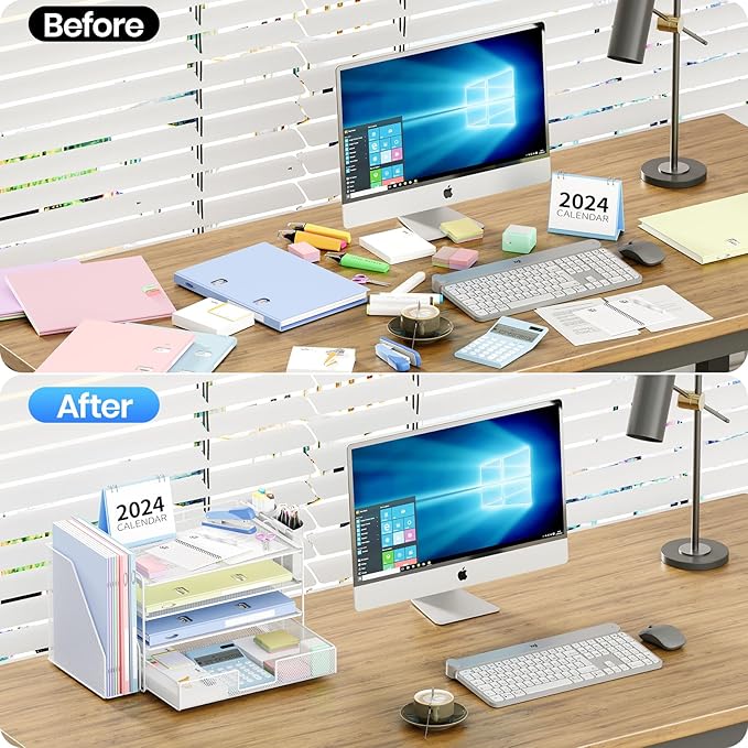 Desk Organizer and Accessories, 4-Tier Desktop File Organizer with Drawer and 2 Pen Holders, Office Desk Accessories for Office Supplies(White)