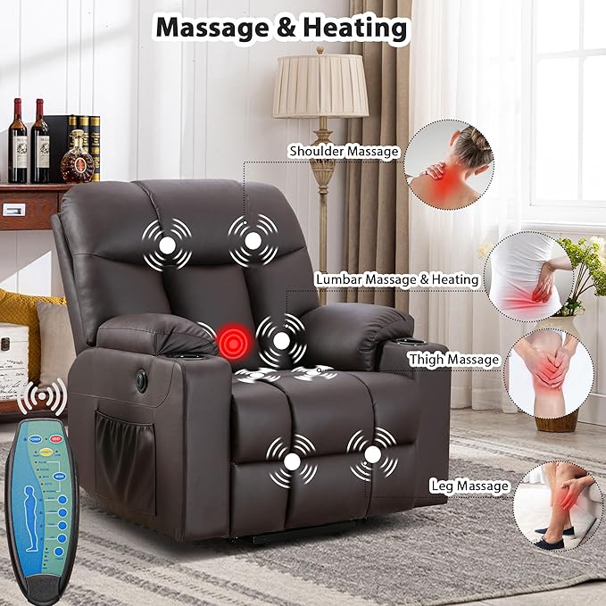 Bonzy Home Oversized Power Lift Recliner Chair for Elderly, Faux Leather Lift Chair with Heated and Massage, Extra Wide Single Sofa with 2 Cup Holders, Side Pockets, USB Port, Brown