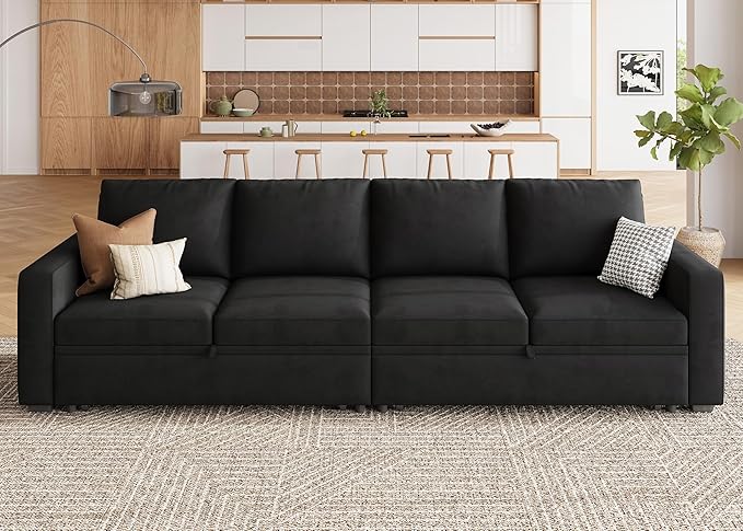 HONBAY Modular Sectional Sleeper Sofa Bed, with Pull Out Bed, Linen Convertible Sectional Couches for Living Room - Black