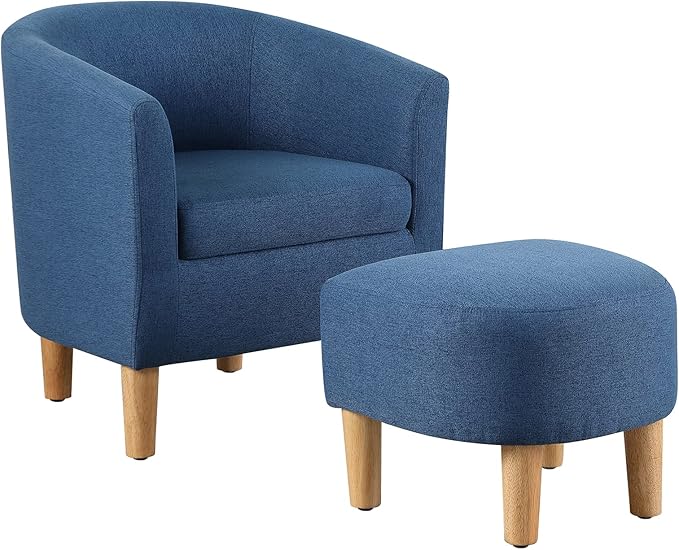 DAZONE Accent Chair, Mid Century Modern Chair with Ottoman, Comfy Arm Footrest Set Comfortable Living Room Chairs Upholstered Barrel Round Club Tub Sofa for Bedroom Reading Room, Blue Set of 1
