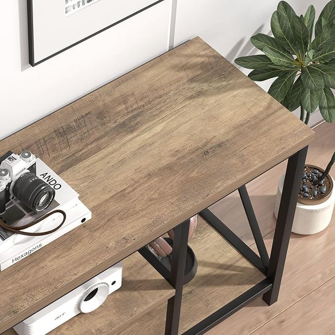 FOLUBAN TV Stand for TVs up to 55 Inch, Rustic Wood and Metal Entertainment Center with Storage, Modern Industrial Media TV Console Table for Living Room Bedroom, Oak 47 Inch