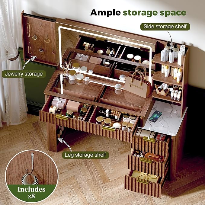 Modern Vanity Desk with Mirror and Lights, 49.2'' Fluted Makeup Vanity Desk with 5 Drawers and Shelves,Dressing Table with Glass Top and Power Outlet for Bedroom,Walnut