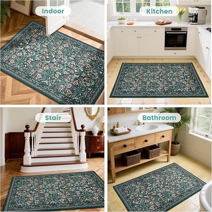 Area Rug Kitchen Rugs, 2X3 Small Washable Rug Floral Modern Kitchen Mats for Floor, Soft Door Mat Indoor Entrance Ultra-Thin, Non-Slip Stain Resistantg Rugs for Entryway, Kitchen, Kids Room, Green