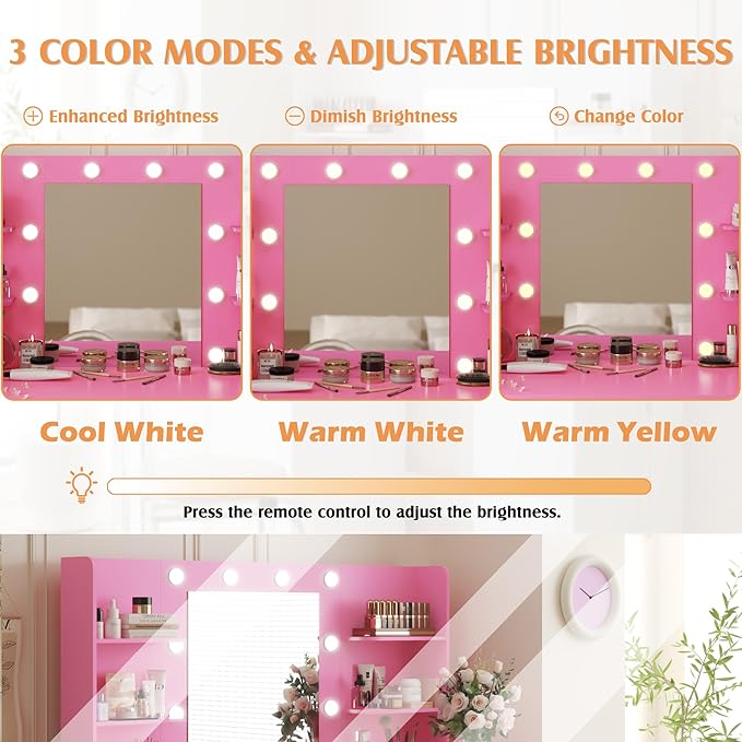 YESHOMY Vanity Desk with Mirror, Power Outlet and 10 Lights, Makeup Table with 7 Drawers, 3 Color Modes Available for Bedroom, Light Pink