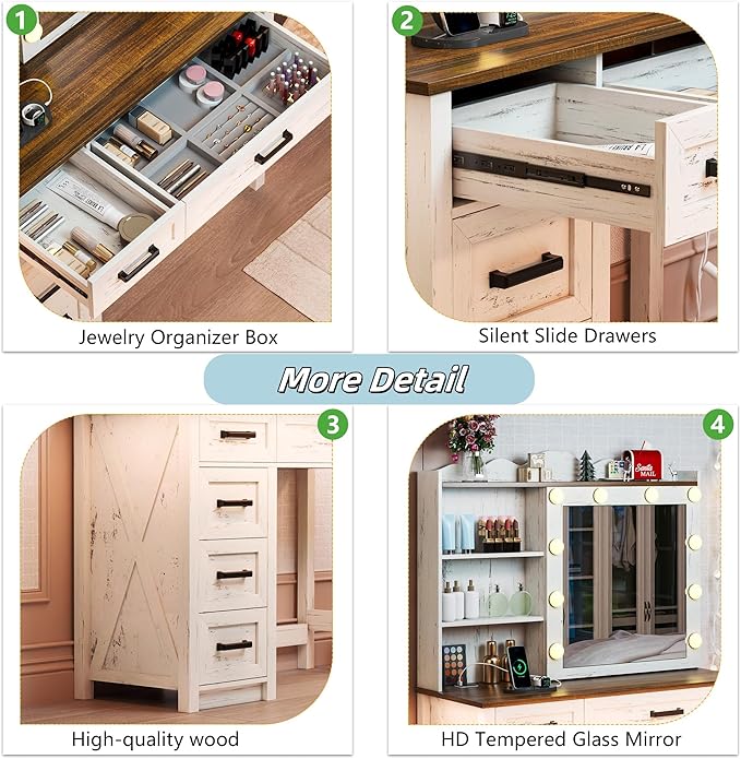 Farmhouse Makeup Vanity, Vanity Desk with Built-in Charging Station, Wood Vanity Set with 3 Levels of Open Storage Shelves & 3-Color Lighting, Makeup Desk with Hidden Storage, White