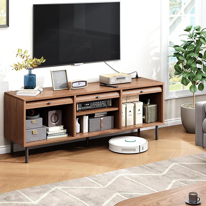 59 Inch TV Stand for TVs up to 65 Inch, Entertainment Center with Power Outlet, Mid-Century Modern TV Console with Storage, Adjustable Shelf & Sliding Doors, TV Stand for Living Room, Walnut