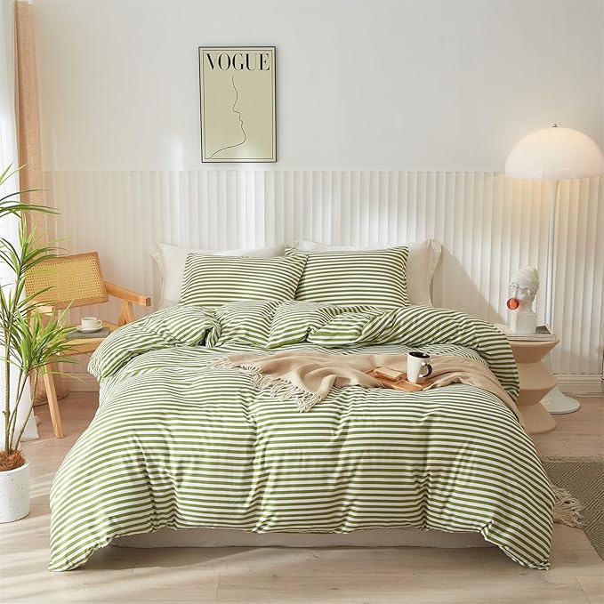 mixinni Striped Comforter Set Full Size - Green White Stripes Pattern Bed Set for All Season, 3 Pieces Lightweight Bedding Sets for All Seasons (1 Soft Fluffy Comforter + 2 Pillowcases)