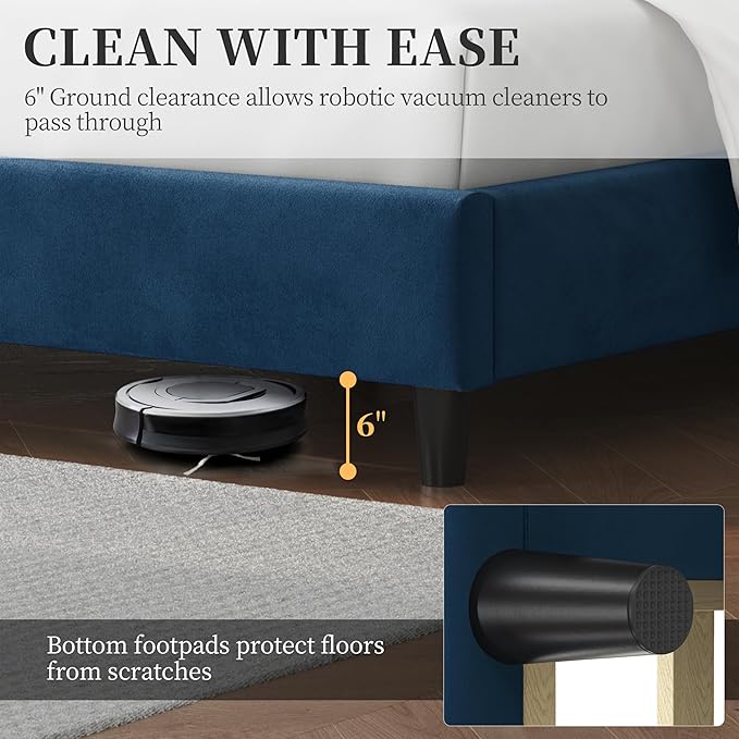 Yaheetech Queen Bed Frame Upholstered Platform Bed with Wing Side/Wooden Slat Support/Tufted Headboard with Wing Side/Mattress Foundation/No Box Spring Needed,Blue Queen Bed