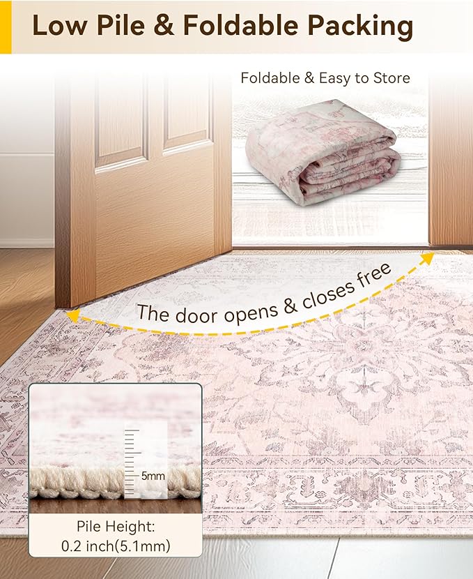 Area Rugs 8'x10' Washable Non-Slip, Floral Vintage Distress Print Pattern Medallion Carpet for Living Room Bedroom Dining Room, Pink Greypink Cute