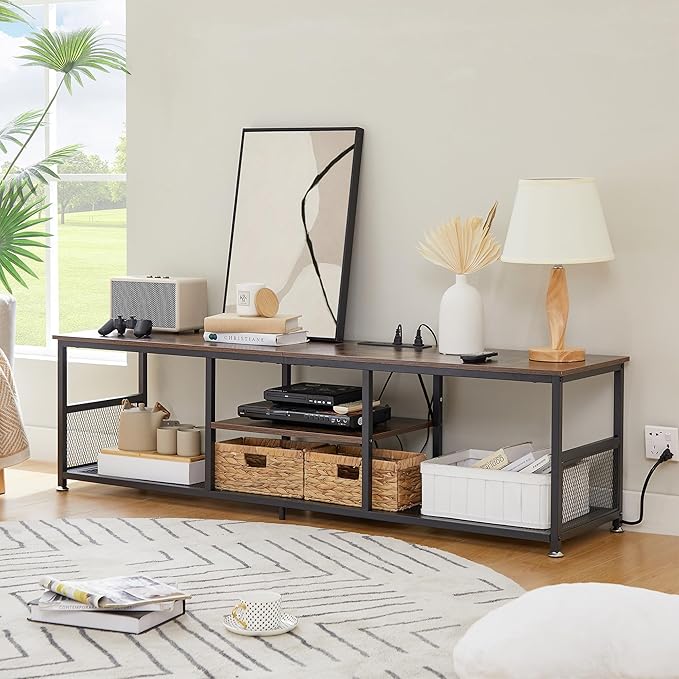 VECELO TV Stand with Power Outlets for Televisions up to 75Inch, 62" Media Entertainment Center with Charging Station 3-Tier Open Storage Shelves with Metal Frame for Living Room/Bedroom，Brown