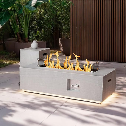 2-Piece 42" LED Rectangular Propane Fire Pit for Outside Patio with Hidden Tank Table, 50,000 BTU Fireplaces with Glass Wind Guard, Lid, Glass Rocks, Cover(Light Grey w/Warm Light)