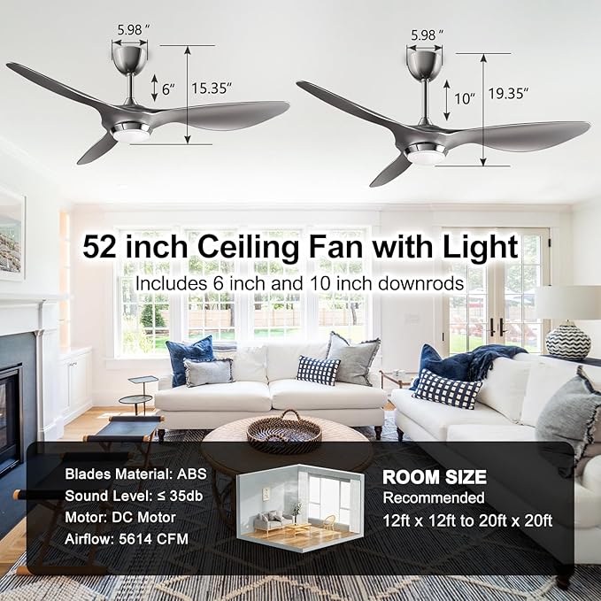 reiga 52 Inch Modern Smart WiFi Ceiling Fan with Light and Remote Control, Living Room Bedroom Patio 3 Blade Ceiling Fans with Reversible Mute DC Motor, Silver