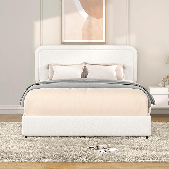 GDFStudio Upholstered Bed with Storage,Queen Size Platform Bed Frame with 2 Drawers,Curved Stitched Tufted Headboard, Wooden Slat Mattress Support No Box Spring Needed Easy Assembly, Ivory Boucle