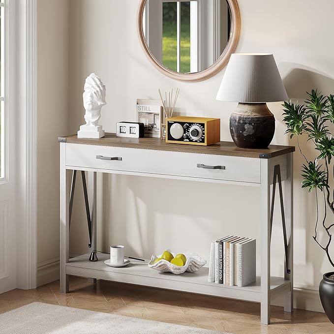 ChooChoo 47'' Farmhouse Console Table with Drawer, Entryway Table with Storage Shelf, Rustic A-Design Sofa Table for Hallway, Entrance, Living Room, White&Brown