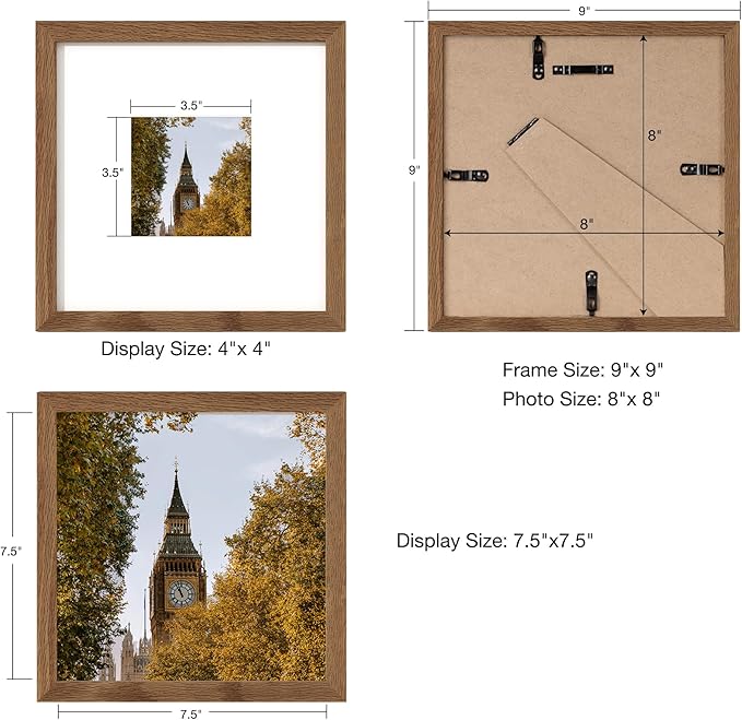 Axeman 8 x 8 Photo Frame | Solid Oak Wood 8x8 Picture Frame With Mat For 4x4 | 8 By 8 Picture Frame | 8x8 Wood Picture Frame | Plexiglass And Hanging Hardware Included | Walnut