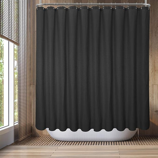 Barossa Design Waffle Weave Clawfoot Tub Shower Curtain 180 x 70 Inch Wrap Around - Heavyweight Fabric to Stop Blowing, Washable, Water Repellent, with 36 Rust-Free Hooks Set, Black, 180x70