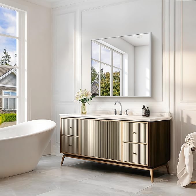 Silver Bathroom Mirror for Wall, 30x30 Inch Rectangle Mirrors with Metal Frame, Modern Vanity Wall Mirror Decor for Bathroom Living Room, Entryway Hangs Horizontal or Vertical