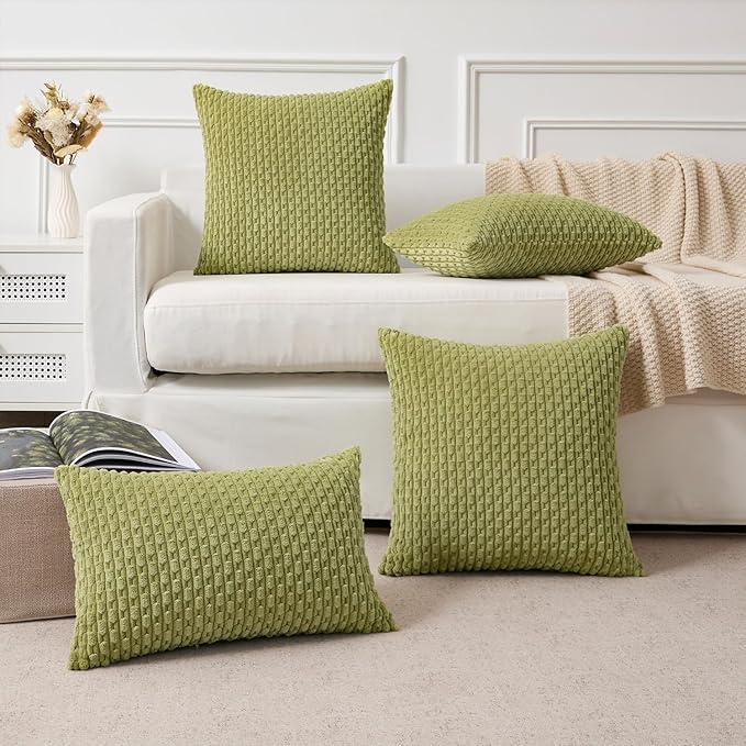 Kevin Textile Decorative Pillow Covers Set of 2 Striped Plush Corduroy Pillows Pillowcases Boho Home Decor Cushion Covers for Couch Sofa Bed Living Room 16x16 Inch, Grass Green