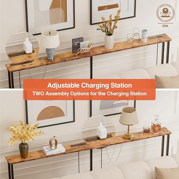70" Narrow Console Sofa Table - 2 Power Outlets & 4 USB Ports, Metal Frame, Rustic Brown, Perfect for Hallway, Office, and Behind Sofa - Easy Assembly, 4.9' Extension Cord Included