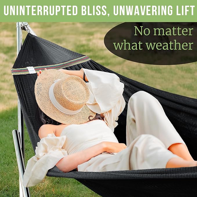 Tranquillo Double Hammock with Stand 650lb Capacity Double Hammock with Spreader Bar, Solid Grade 201 Stainless Steel 30s Set Up, Sturdy Flexible Hammock Stand Portable, Outdoor Indoor, Black