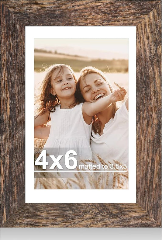 4x6 Picture Frame with Glass, Display Pictures 3.5x5 with Mat or 4 x 6 without Mat - Wall and Tabletop, 4 by 6 Photo Wooden Frames (Rustic Brown, 1 Pack)
