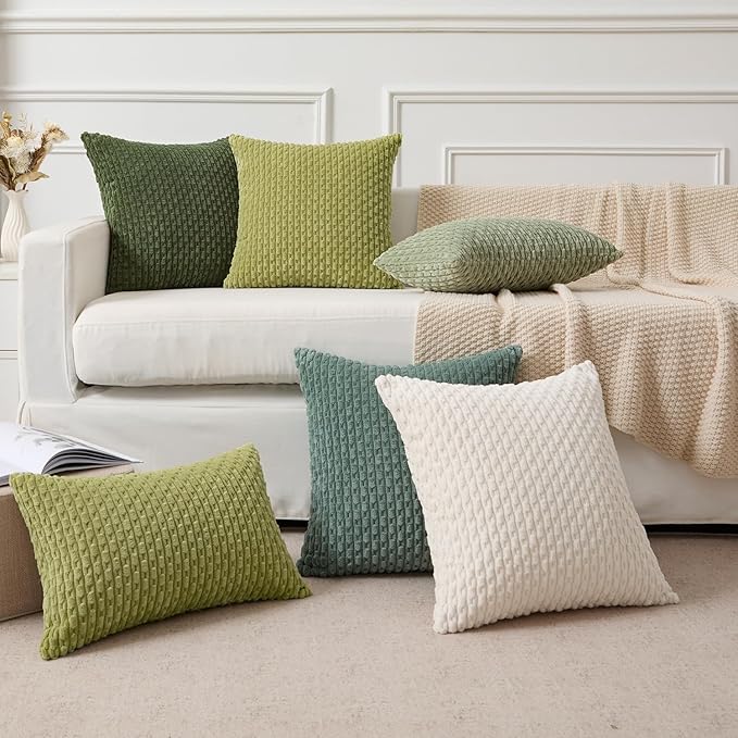 Kevin Textile Decorative Pillow Covers Set of 2 Striped Plush Corduroy Pillows Pillowcases Boho Home Decor Cushion Covers for Couch Sofa Bed Living Room 16x16 Inch, Grass Green