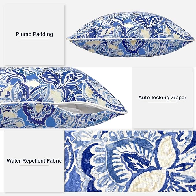 Outdoor Throw Pillow Covers Pack of 2, Decorative Water Repellent Square Pillow Cases 18x18 Inch, Patio Pillowcases for Home Patio Furniture Use, Floral Bluish Violet