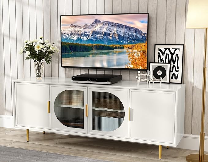 ARTPOWER Modern TV Stand for TVs up to 70+ inch, Glass Door Television Console Table with Gold Leg, Entertainment Center with Storage Cabinet, Wood Media Furniture for Bedroom, Living Room, White