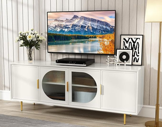 ARTPOWER Modern TV Stand for TVs up to 70+ inch, Glass Door Television Console Table with Gold Leg, Entertainment Center with Storage Cabinet, Wood Media Furniture for Bedroom, Living Room, White