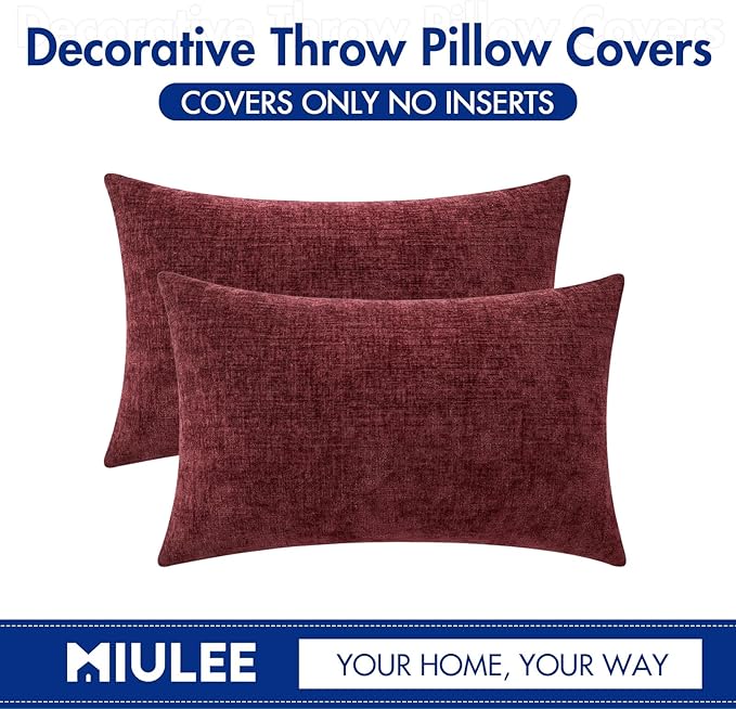 MIULEE Pack of 2 Couch Throw Pillow Covers 12x20 Inch Soft Wine Red Chenille Pillow Covers for Sofa Living Room Solid Dyed Pillow Cases