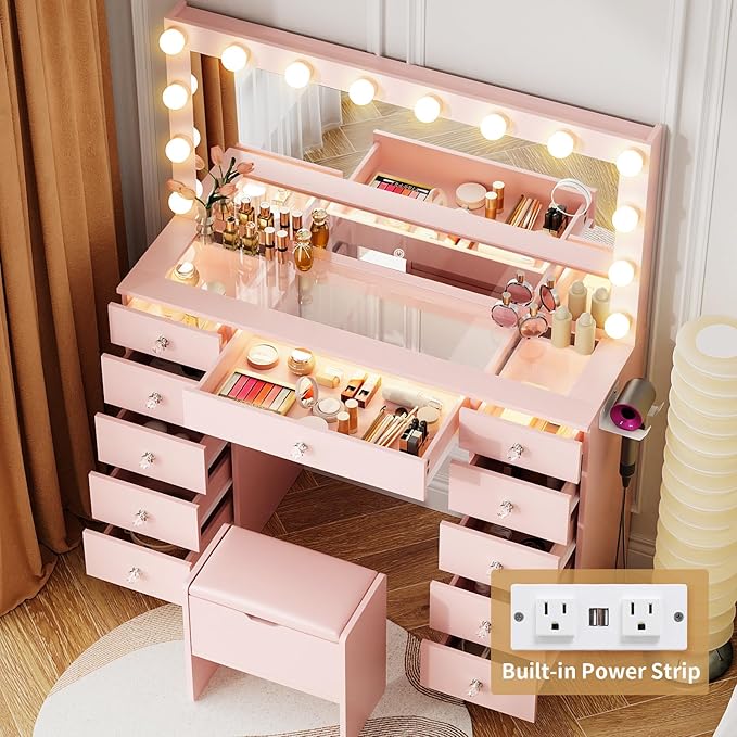 VOWNER Vanity with Lighted Mirror - Makeup Vanity Desk with Glass Top and 11 Drawers, 3 Color Lighting Modes Adjustable Brightness, 46" Vanity Table with Soft Cushioned Stool for Bedroom, Pink