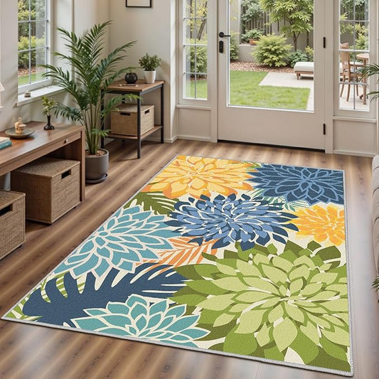 Area Rug 3x5 Yellow Green Washable Entry Rug Multicolored Tropical Botanical Modern Floral Indoor Kitchen Door Mat Entrance Carpet Non Slip for Bedroom Living Room, Porch