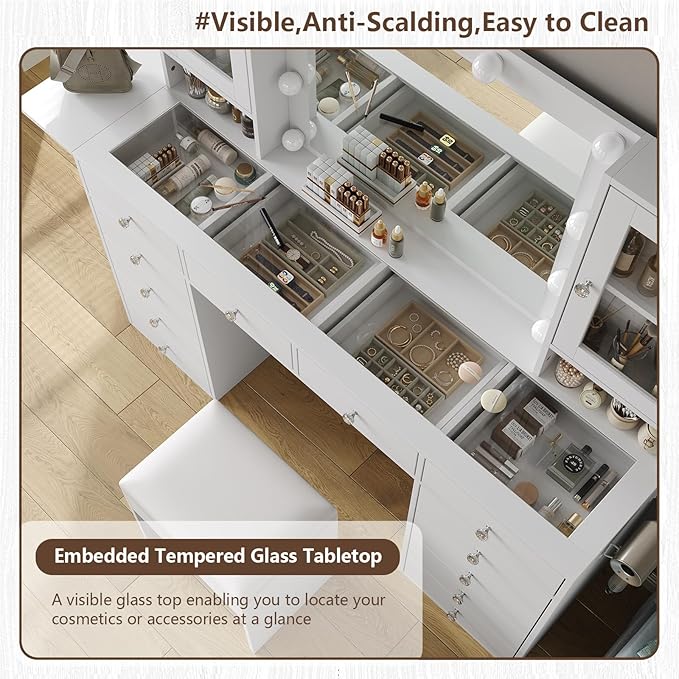 Vanity with Mirror and 10 LED Lights,Vanity Desk with Power Outlet, Makeup Vanity with 12 Drawers and 2 Cabinets, Fold-up Panel, Glass Top Vanity Table with Chair for Bedroom, White