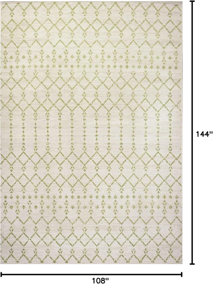 JONATHAN Y Moroccan Geometric Indoor Outdoor Area Rug 9X12 Cream/Green, Ourika Textured Weave for Backyard, Patio, Porch, Easy-Cleaning, High Traffic, Pet-Friendly, Non-Shedding (SMB108M-9)