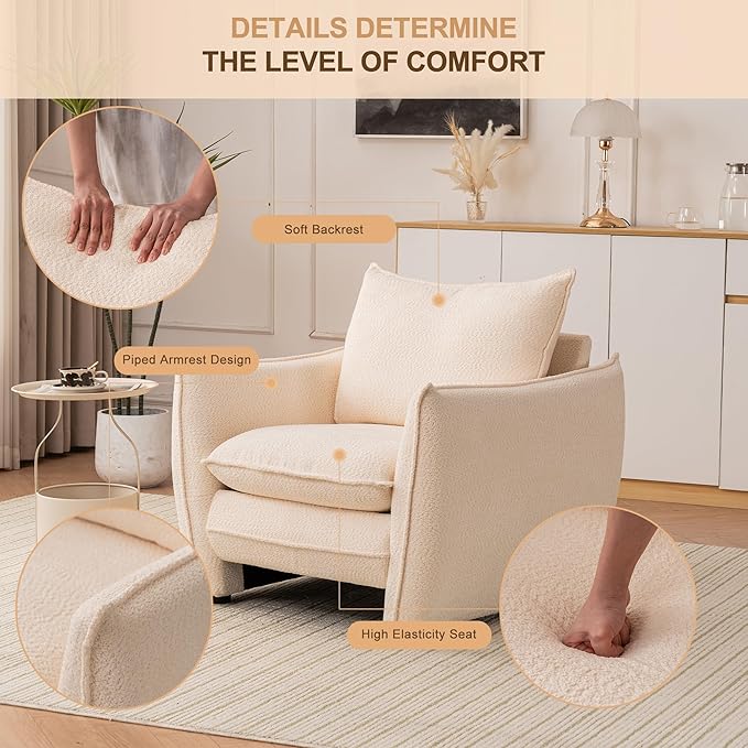 Oversized Accent Chair, Modern Single Sofa Cloud Chairs with Removable Pillow, Deep Seat Comfy Armchair for Living Room Bedroom Reading Nook - Upholstered Lounge Chair (Beige)