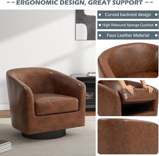 UIXE Swivel Accent Chairs Set of 2, PU Leather Barrel Club Chair Upholstered Armchair for Living Room, Round Arm Chair Bedroom Single Sofa Reading Seat - Coffee Brown