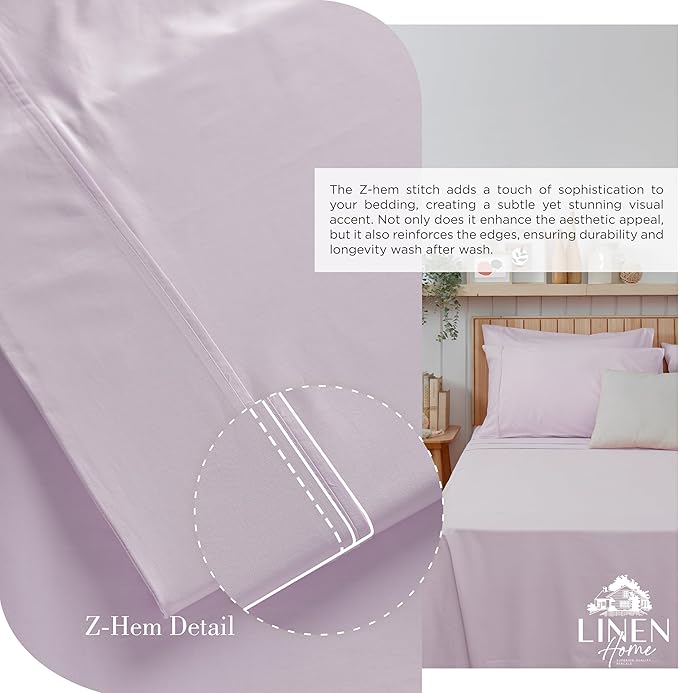 Linen Home 100% Cotton Percale Sheets California King Size, Iris Lilac, Deep Pocket, 4 Pieces Set - 1 Flat, 1 Deep Pocket Fitted Sheet and 2 Pillowcases, Crisp Cool and Strong Bed Linen