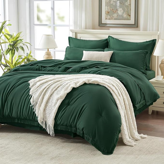 Andency King Size Comforter Set with Sheets Dark Emerald Green -7 Pieces Bed in a Bag Boho Tassel Bedding Sets, All Season Fringe Bed Set with Comforter, Sheets, Pillowcases & Shams