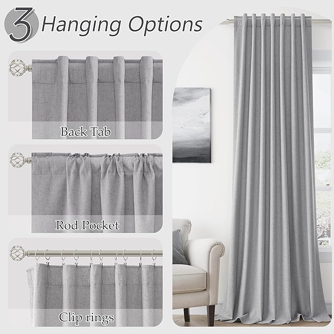 Guken Grey Linen Blackout Curtains 90 Inch Length 2 Panels Set for Living Room Bedroom Back Tab Thermal Insulated 100% Black Out Linen Drapes Room Darkening Window Curtains 90 Inches Long